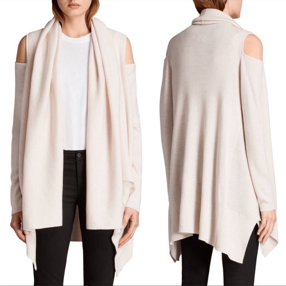 Allsaints Cava Cold Shoulder Draped Open Cardigan Almond Medium Flaw